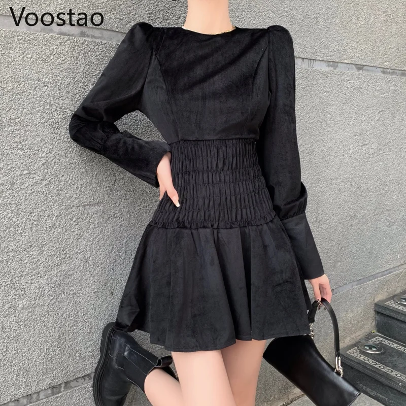 

Осеннее женское бархатное платье с пышными рукавами, элегантные облегающие вечерние мини-платья с круглым вырезом и оборками, весенние жен...