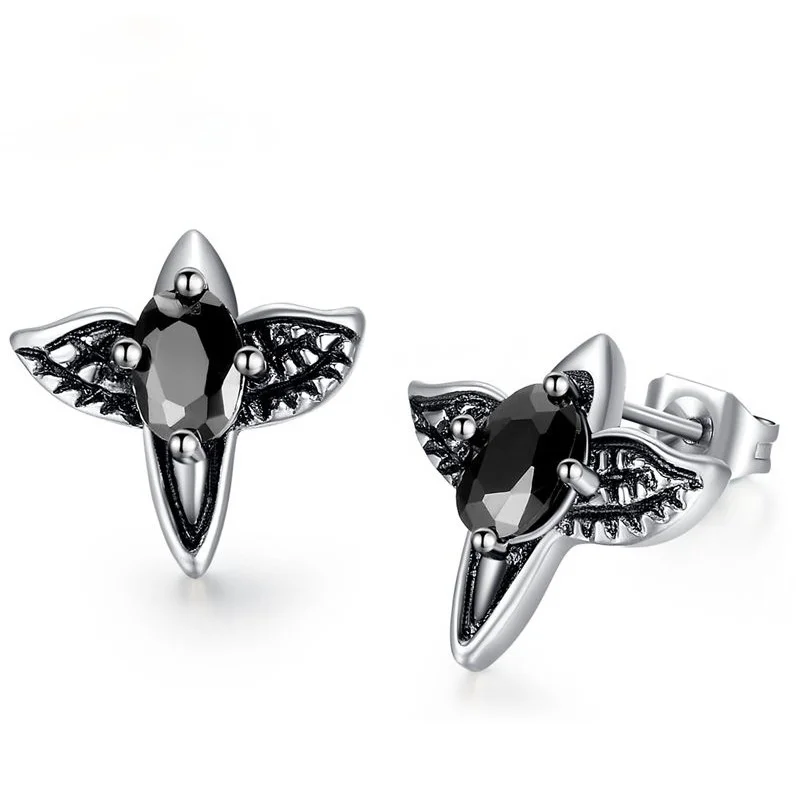 

Simple Silver Plated Stainless Steel Retro Wings of Angels Punk Rock Stud Earrings Trend Men AAA Zircon Motorcycle Party Jewelry