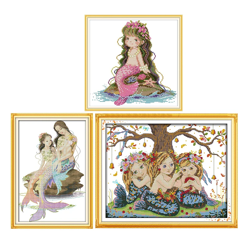 

Mermaid Series Paintings Counted Printed Canvas Cross Stitch DIY Kits DMC 11CT 14CT Cartoon Patterns Embroidery Needlework Set