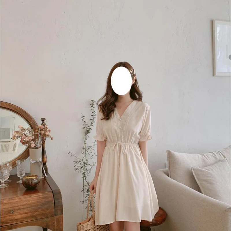 

Elegant Women High Waist Dress Ladies V-neck Summer Dress Female Short Sleeve High Waist Dress for Office Lady