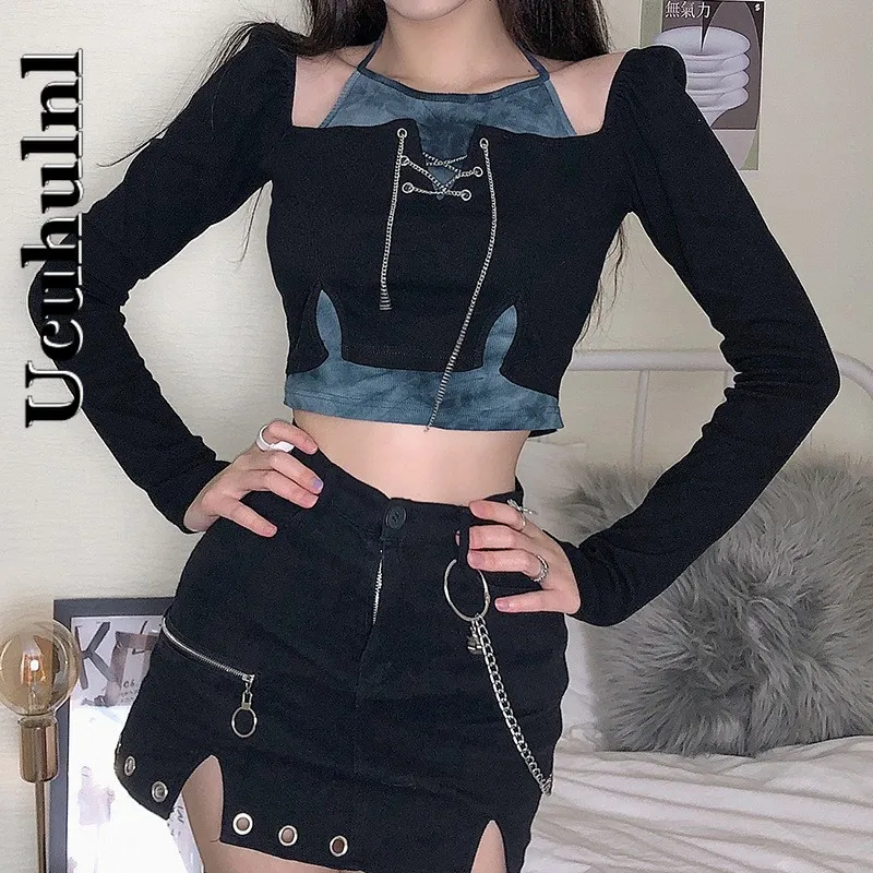 

Ucuhulnl Goth Cool Fake-two-piece Women T-shirt 2021 Autumn Halter Hollow Out Patchwork Tie-dye Short-length Metal Chains Top