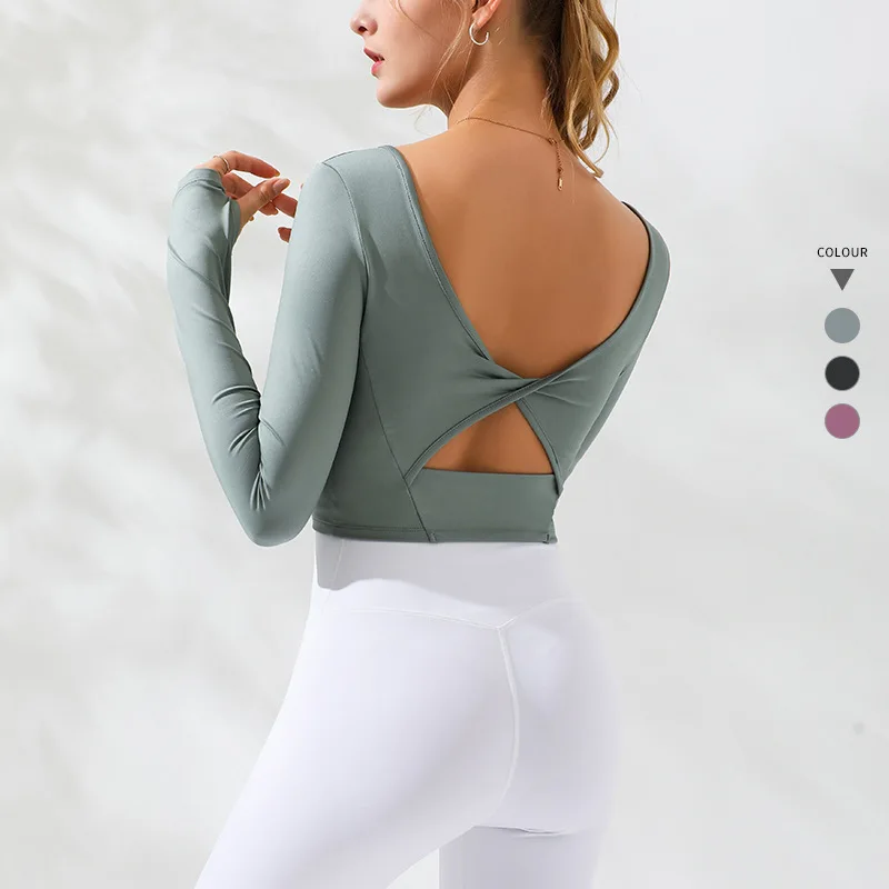 

2021 Beautiful Back Yoga Wear Sports Top Gym Ladies Fitness T-shirt Woman Long-sleeved Yoga Top Sexy Ladies Gym Top Sportswear