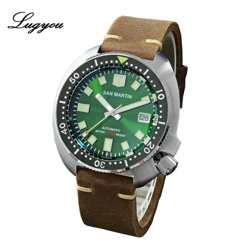 Green Lugyou Сан Мартин черепаха Diver Мужские часы из нержавеющей стали механический керамический вращающийся ободок 20 бар сапфировый Кристалл кожаный ремешок - Цвет: Green