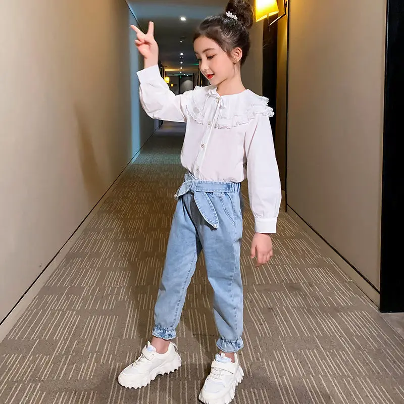 

2021 Spring Summer Fashion Baby Girl Clothing Set Casual Long Sleeve Solid Shirt + Denim Pant Kid Children Clothing Outfits W117