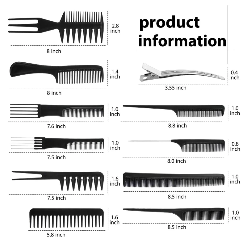 

Professional Styling Comb Set 10 Pieces Hair Combs with Duck Bill Clips Salon Barber Making Hair Style Tools