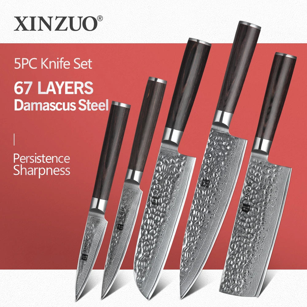

XINZUO 5PCS Kitchen Knives Set Japanese Damascus Knives Stainless Steel Kitchen Knife Cleaver Nakiri Chef Knife Pakkawood Handle
