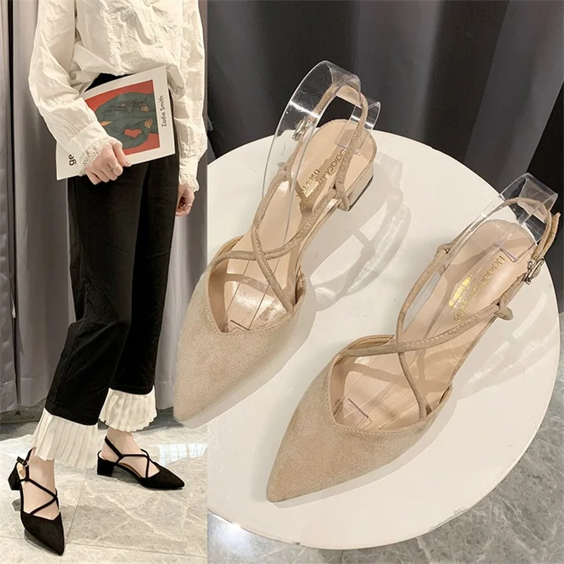 

2021 summer new Korean style cross buckle thick heel sandals pointed toe suede mid-heel women's shoes heels women sandals women