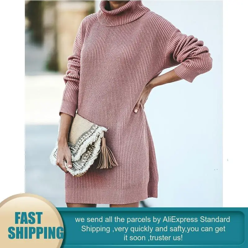Autumn Winter Office Long Turtleneck Pulover Pink Knitted Warm Sweater Dress Women Korean Streetwear Sleeve Ribbed | Женская одежда