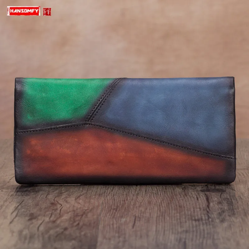 Vintage Genuine Leather Women Wallet Ladies Handmade Leather Female Card Holder Long Zipper Wallets 2022 New Purses Cow Leather