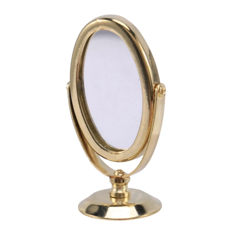 

2 Set 1/12 Dollhouse Miniature Accessories: 1 Set Wooden Box with Metal Tool Set & 1 Pcs Metal Mirror Mirror Gold