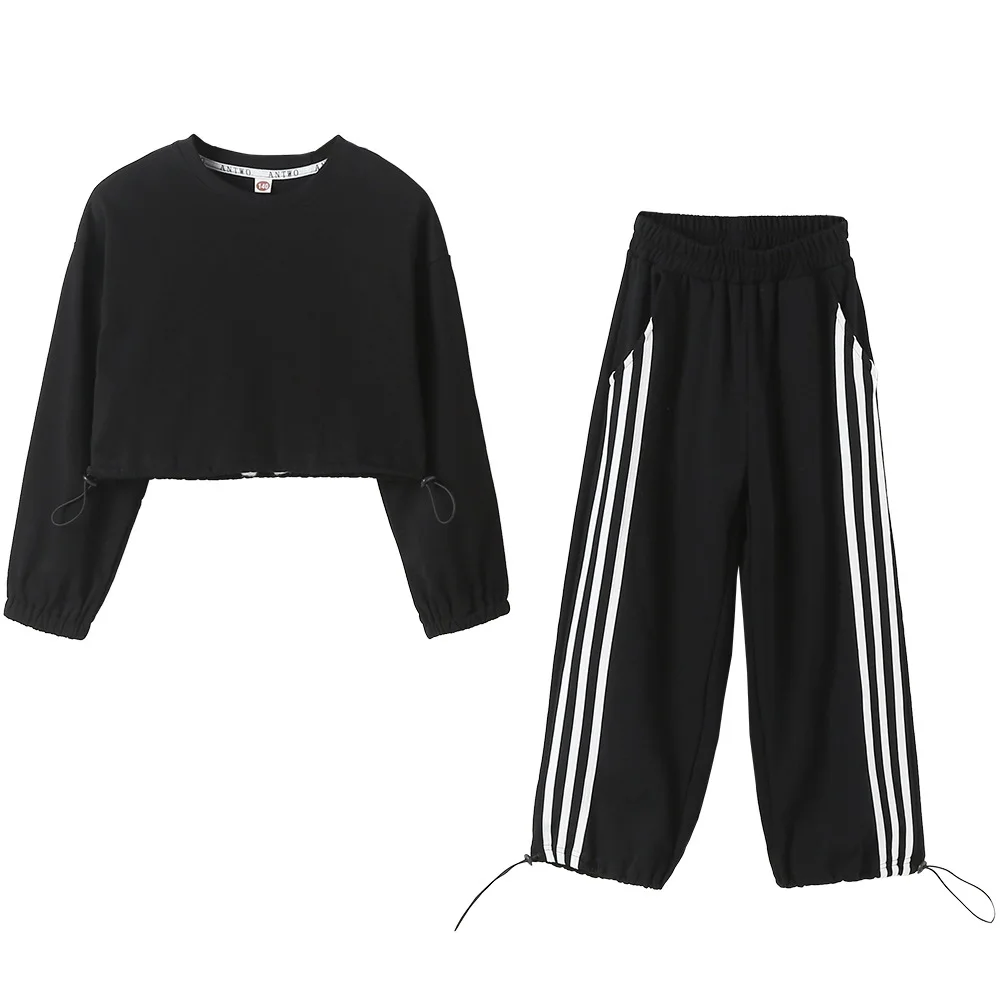 

Black 2pcs Clothes Suit Spring Summer Children Clothes Baby Girls Sweatshirts + Pants Kids Teenagers Outwear High Quality