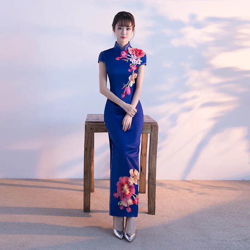 

Women Sweet Floral Appliques Trim Elegant Qipao Yellow Exquisite Novelty Cheongsam Chinese Temperament Long Dress XS-5XL