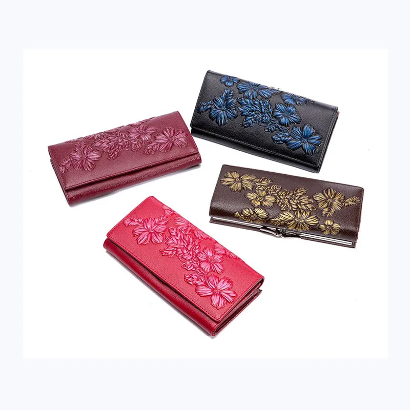 

Cow Genuine Leather Women Wallets Embossed Floral Long Purses Female Card Holder Wallet Luxury Leather Hasp Clutch Purse New