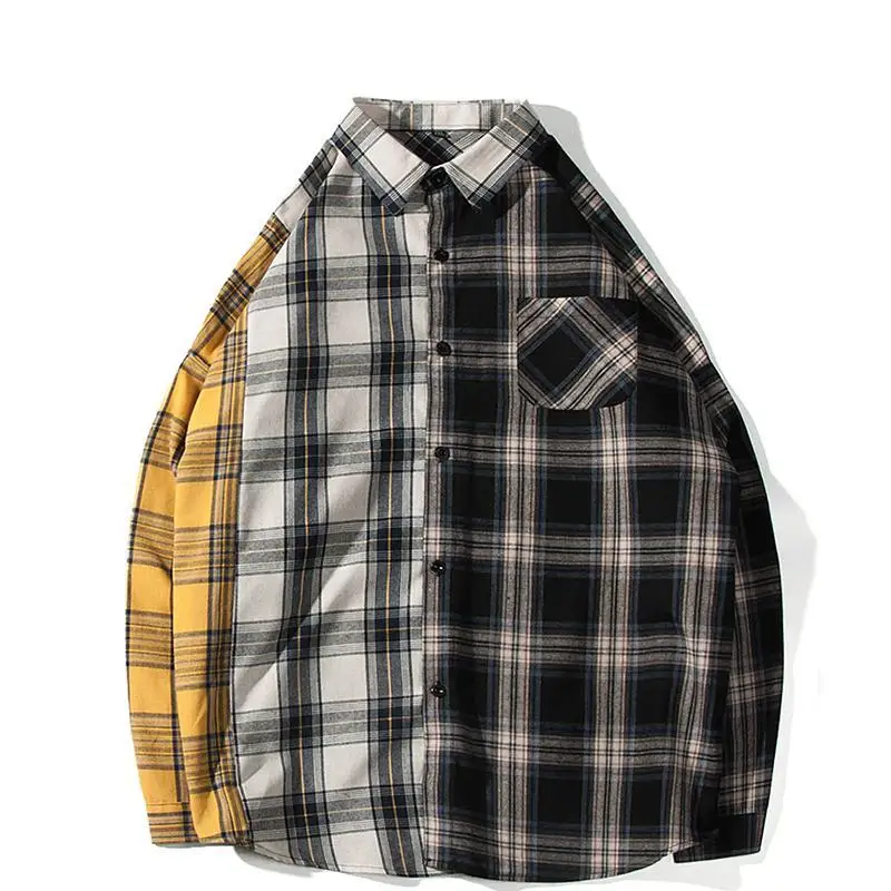 

Nice Man Hip Hop Patchwork Button Up Long Sleeve Shirt Men Oversized Cotton Plaid Shirt