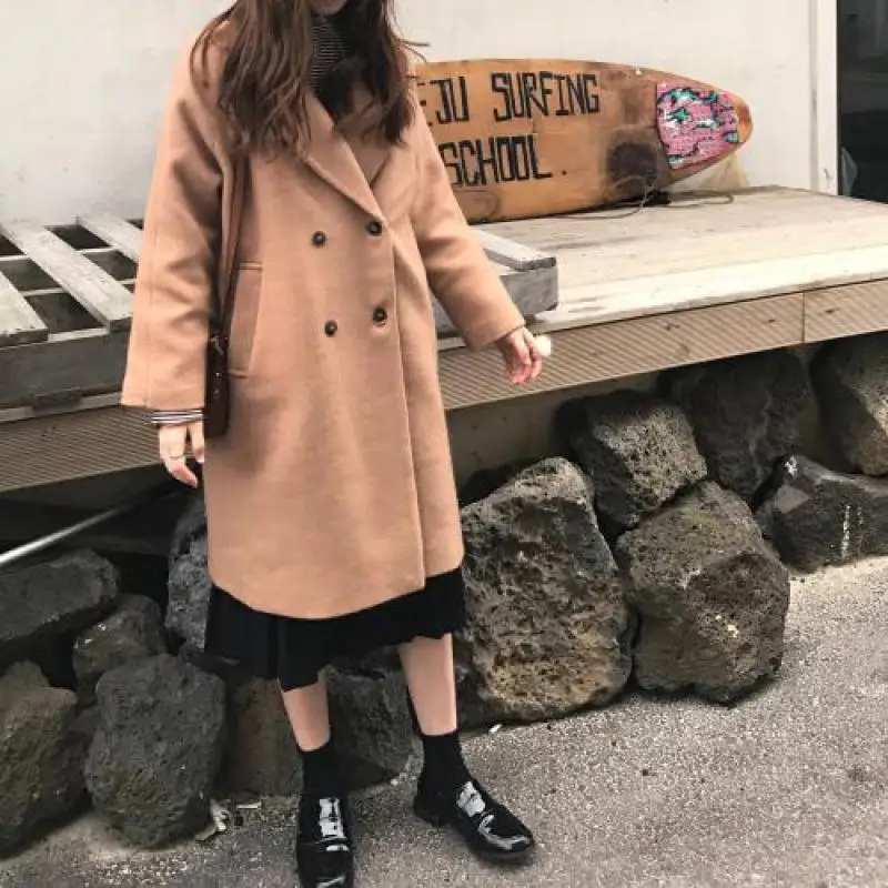Новое Женское шерстяное пальто в Корейском стиле с отложным воротником 2019 модное