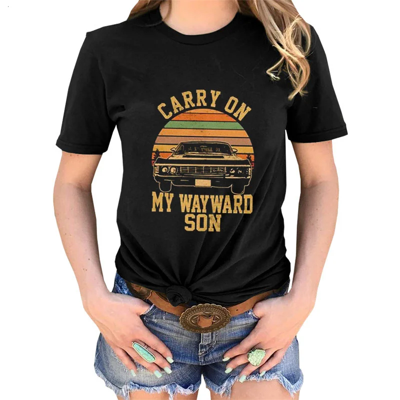 

Women Vintage T Shirt Supernatural Print Carry on My Wayward Son Dark Heather White T-shirt Women Summer graphic t shirts tops