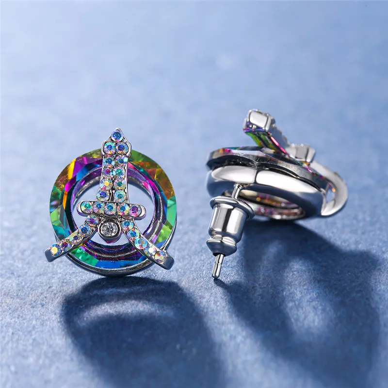 Женские серьги гвоздики с радужным цирконием RongXing разноцветные геометрические