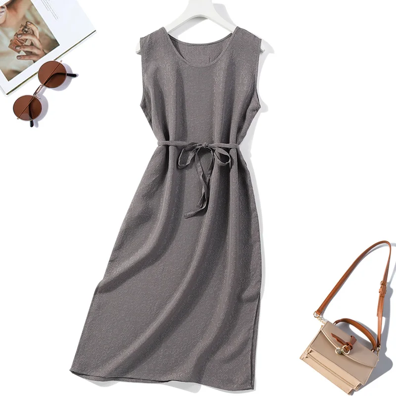 

Women's 100% Mulberry Silk 19mm heavy Silk crew neck side slit Sexy sleeveless gray color Long Dress JN688