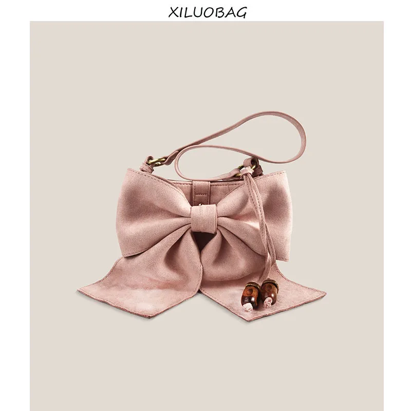 

Retro Frosted Suede Bow Staff Bag Pink Medieval Cute Leisure Fashion Student Women's Armpit One Shoulder Messenger Bag Bolsas