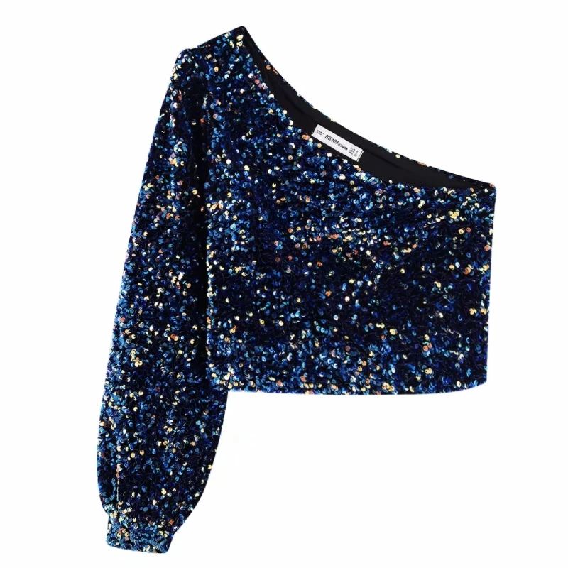 

2020 Women Sequins Decoration Asymmetry Single shoulder Shirts Female Nine Quarter Sleeve Blouse Chic tops