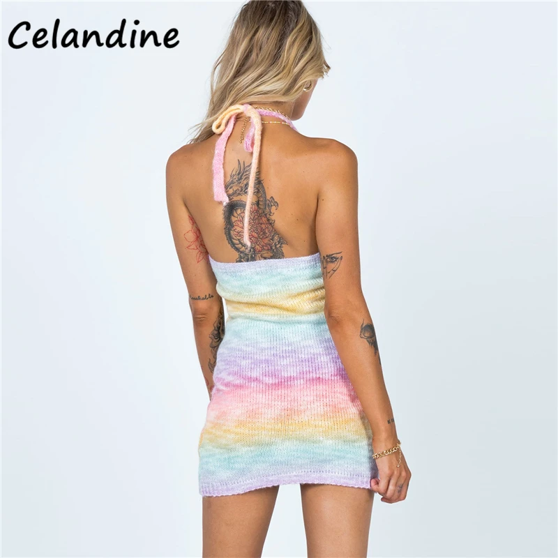 

Celandine 2021 Summer Knitted Y2K Tie Dye Women Casual Beach Halter Mini Wrap Dress Sexy Party Night Club Backless Bodycon Dress