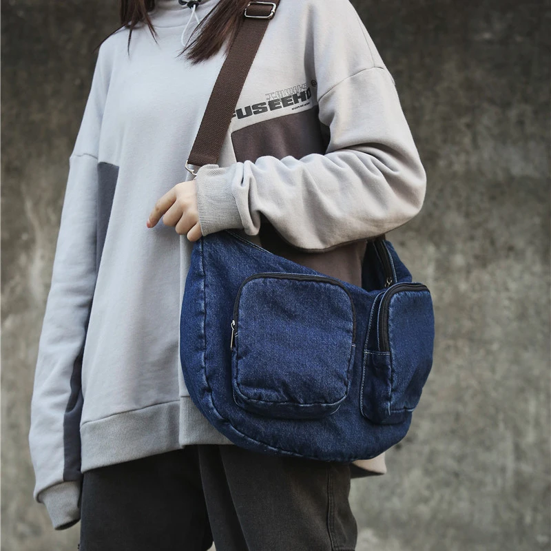 

Denim Casual Bag Large Capacity Shoulder Bags For Women Satchel Zipper Handbag Travel Messenger Bags Student Big Pocket Sac