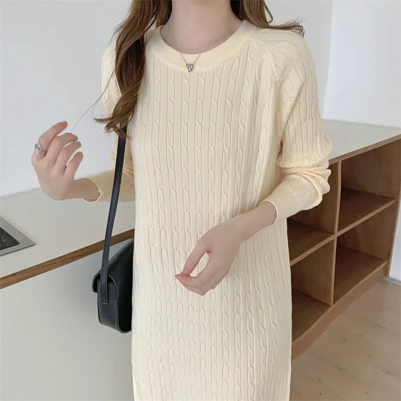 

Elegant Sweater Dress Knitted Pullover Women Solid Color Medium Long Autumn Winter Vestidos Warm Chic All-match Dresses Female