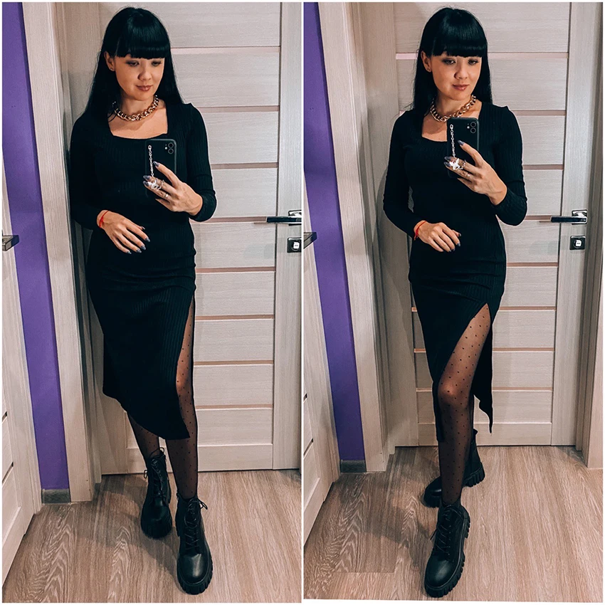 Mnealways18 Split Sexy Solid Knitted Dress Long Sleeve Khaki Ribbed Casual Women Dresses Midi Autumn Winter Ladies Bodycon Dress