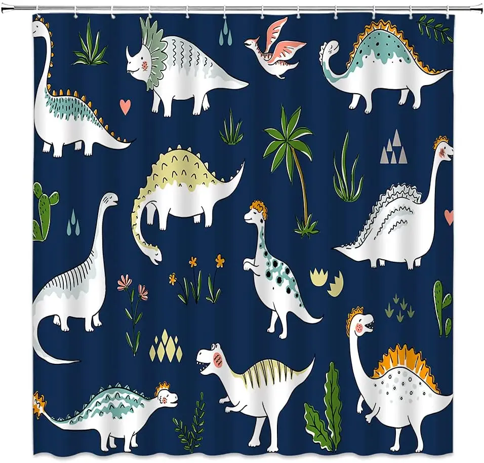 

Dinosaur Shower Curtain Cute Cartoon Animal Colorful Fun Graffiti Children Boys Simple Bathroom Decor Bathtub Screens With Hooks