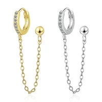 new fashion two ear hole piercing hoop earrings chain tassel crystal hoop stud shiny bohemia trendy earring jewelry for girls