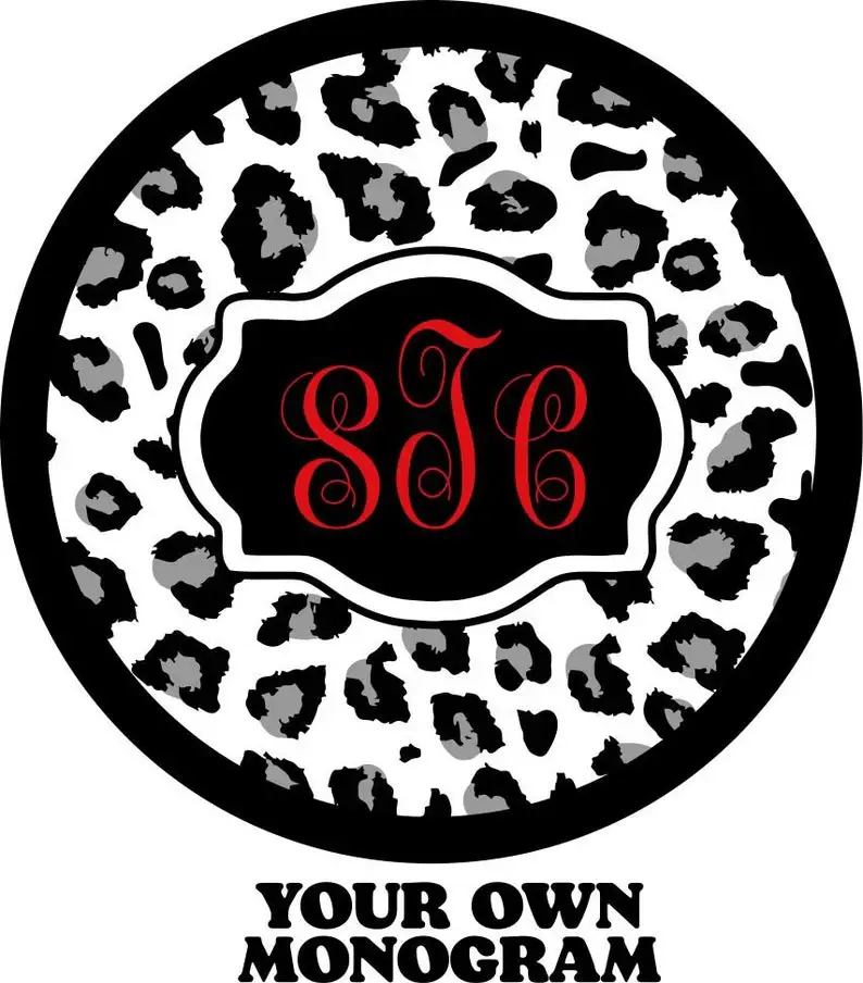 

Leopard / Cheetah Print Spots Monogram Spare Tire Cover for any Vehicle, Make, Model and Size - Jeep, RV, Travel Trailer