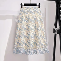 floral heavy embroidery half length skirt female mid length skirt 2021 spring summer new high waist a line slim lace fairy skirt