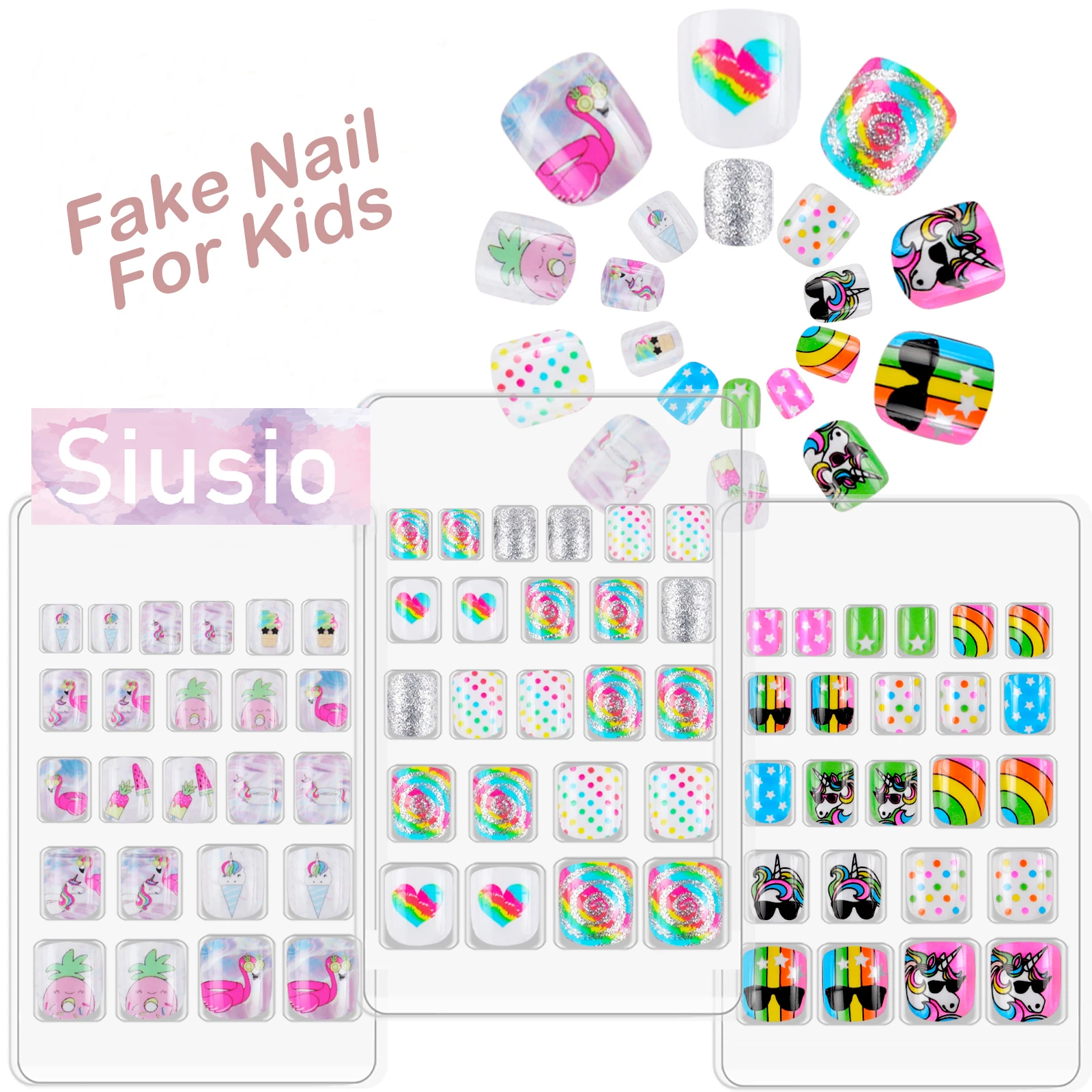Искусственные ногти для малышей 24 шт./лот Единорог Конфеты Красочный Радуга