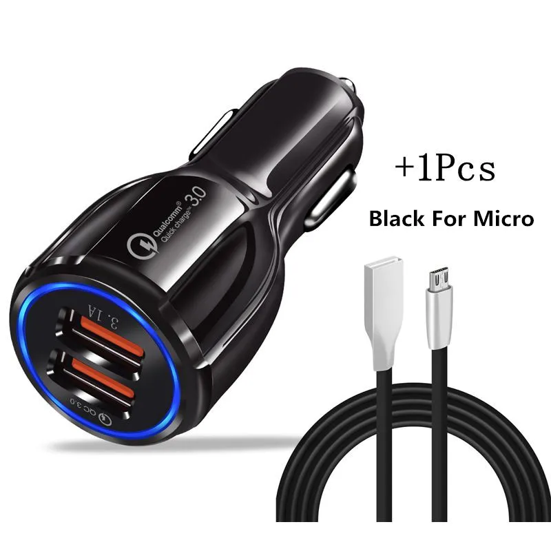 2 Usb порта автомобильное зарядное устройство Быстрая зарядка QC3.0 Быстрая Зарядка адаптер двойной USB Автомобильное зарядное устройство для IPhone Micro usb type C кабель зарядное устройство - Тип штекера: With Black V8 Cable