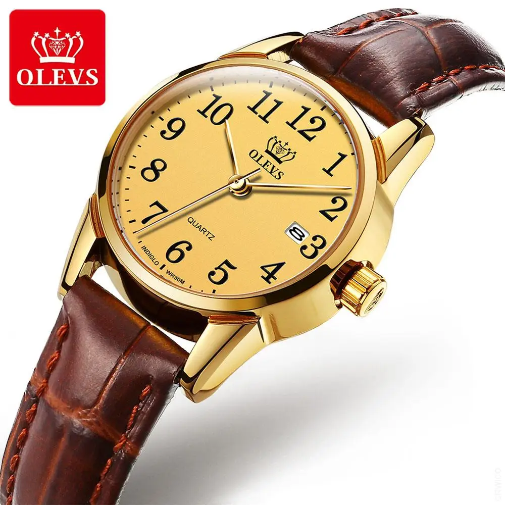 OLEVS Womens Watch Top Brand Fashion Quartz Watches Casual Luxury Dress Genuine Brown Leather Waterproof Wristwatch for Lady enlarge