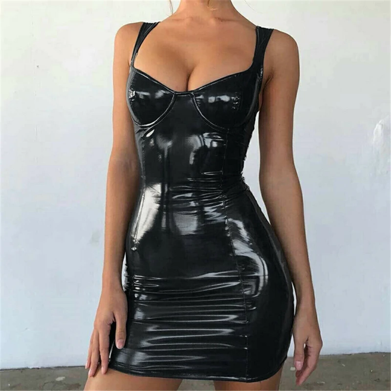 Летнее женское платье из искусственной кожи Мини Вечерние платья без рукавов