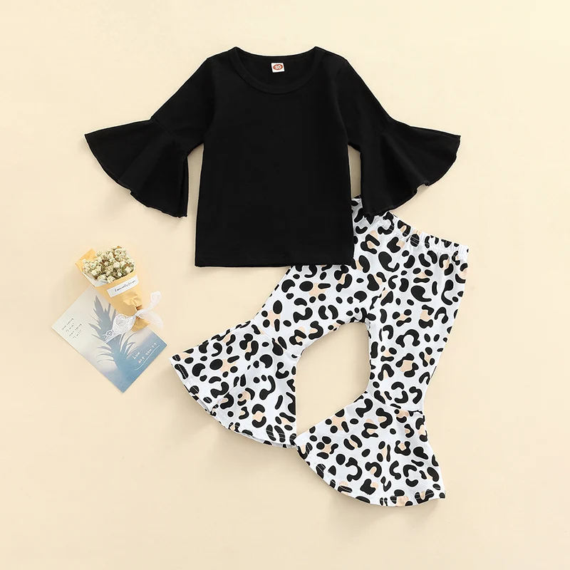 

2Pcs Infant Casual Outfits Baby Girls Solid Color Flare Sleeve Round Neck Pullover + Flared Leopard Print Pants Clothes Set