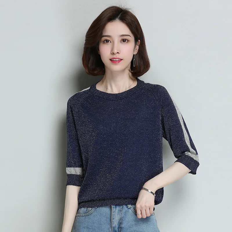 Женский трикотажный свитер с коротким рукавом Яркий шелковый круглым вырезом