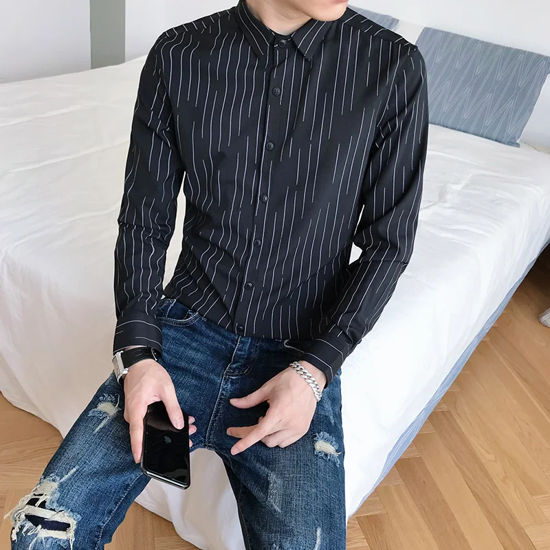 Осенняя Новинка рубашка в Вертикальную Полоску мужская с длинным рукавом