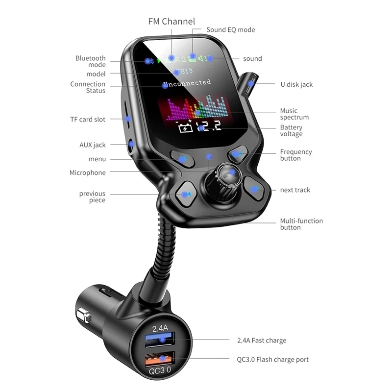 

Bluetooth Car MP3 Music Player AUX Wireless Handsfree Kit QC 3.0 USB Fast Charger Audio Radio Auto FM Modulator Transmitter
