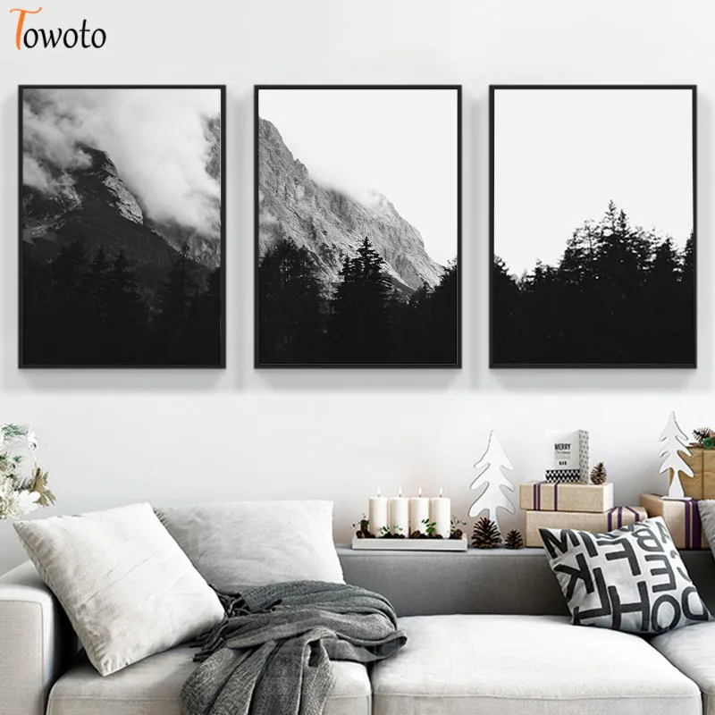 Настенный плакат с изображением черно белого леса Настенная картина туманных