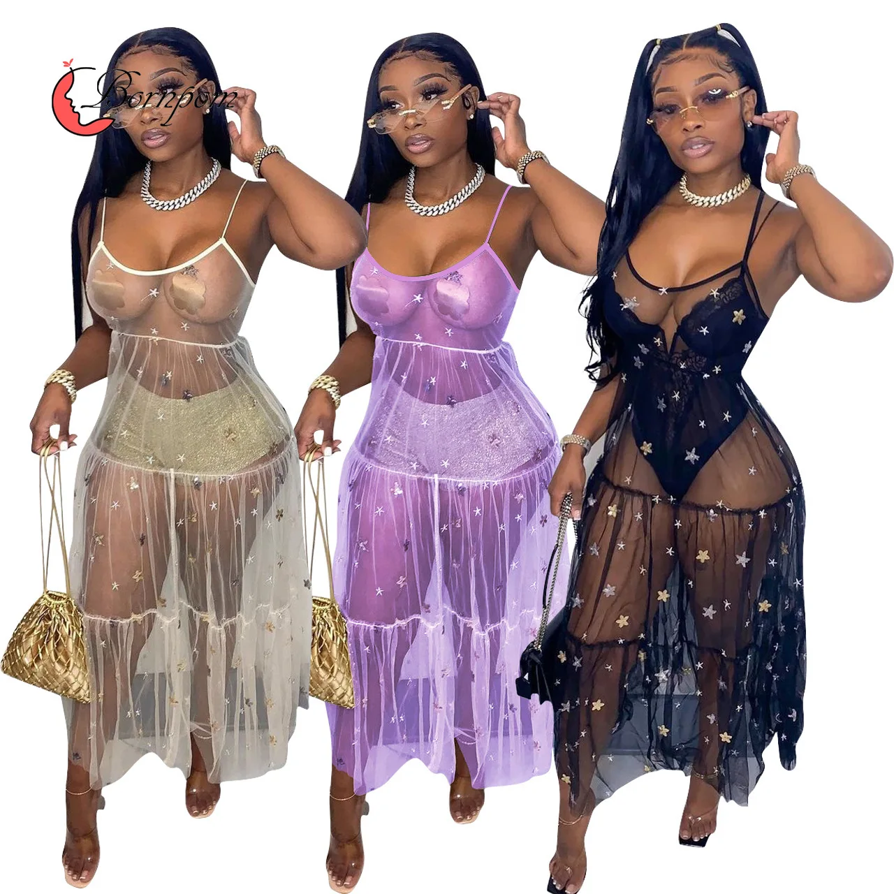 

Bornpom женский сексуальный на тонких бретельках звездный узор Блестящий сетчатый прозрачный купальник накидка прозрачная фотография