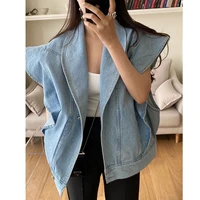 south korea chic summer lapel ruffle loose washed blue jeans jacket cardigan