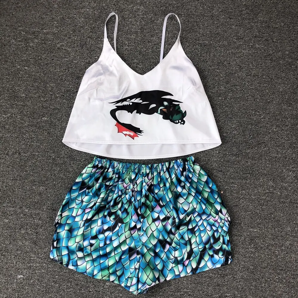 

New Sexy Pijamas Women Pajama Set Silk Home Suit Animal Print Summer V Neck Pyjama Woman Strao Loose Sleepwear Satin Pyjama