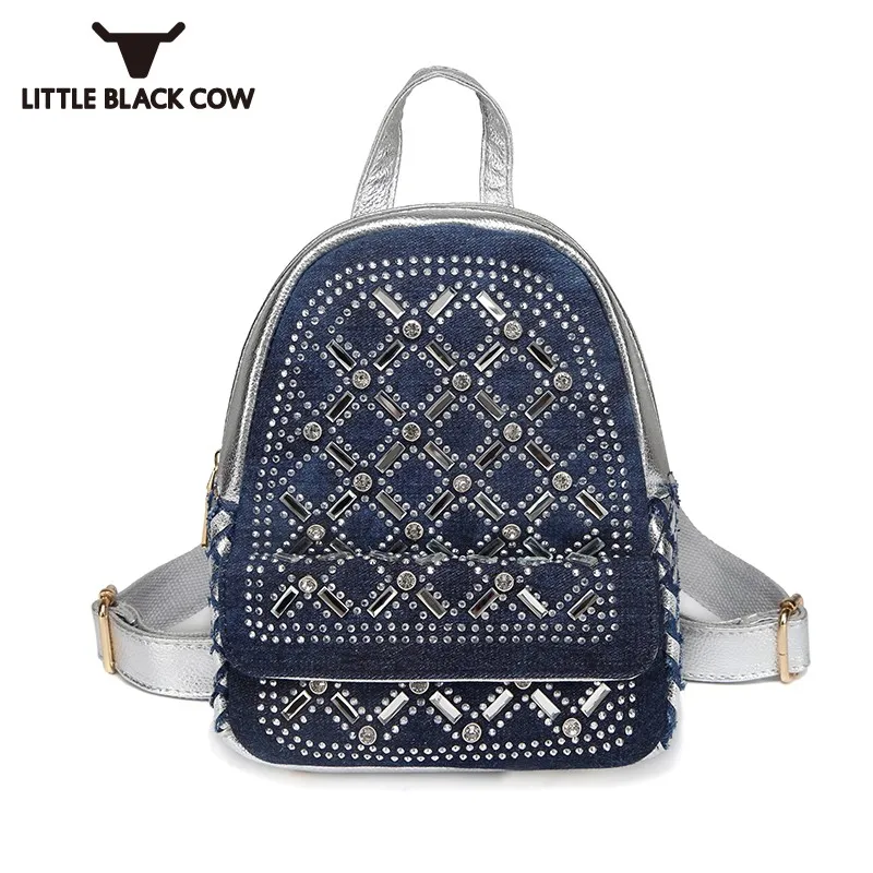 

New Backpacks Women Fashion Denim Rucksack Beaded Diamonds Small Backpack Casual Travel Laptop School Backpack Satchel