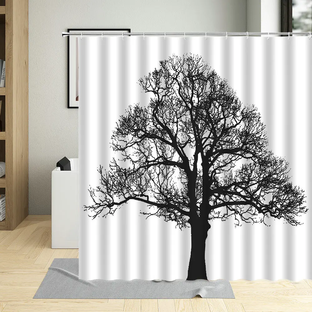 

Black Tree Shower Curtain Cartoon Palm Colorful Tree Starry Night Scenery Bathroom Bathtub Decor Wall Cloth Hanging Curtain Sets