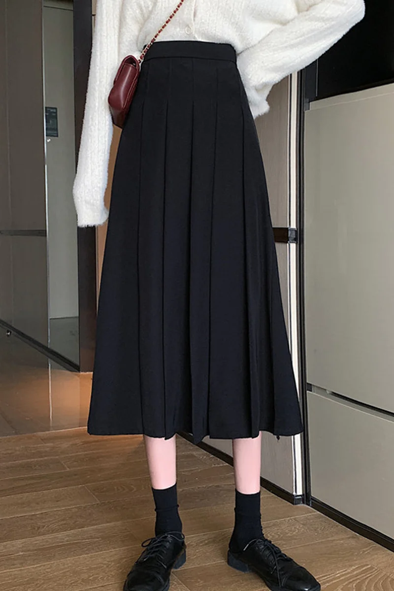 Черная плиссированная юбка Женская средней длины на весну и осень новинка 2021