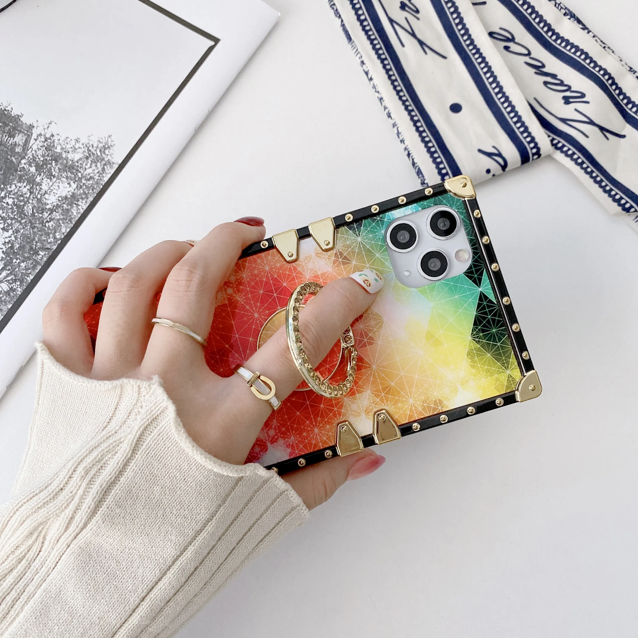 

Luxury Colorful Square Starry Sky Phone Case For iPhone 12Pro MAX Case 11Pro XS Max XR X 7 8Plus Ring Holder Soft Cover