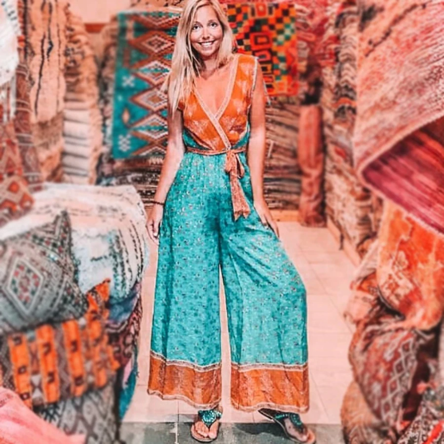 TEELYNN boho, сексуальные комбинезоны, v-образный вырез, без рукавов, Летний комбинезон, цветочный принт, комбинезоны, широкие ноги, свободная пляжная одежда,, женский комбинезон