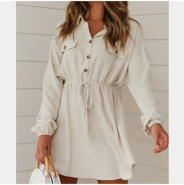 Бежевое мини платье с длинным рукавом женское осеннее хлопковое льняное